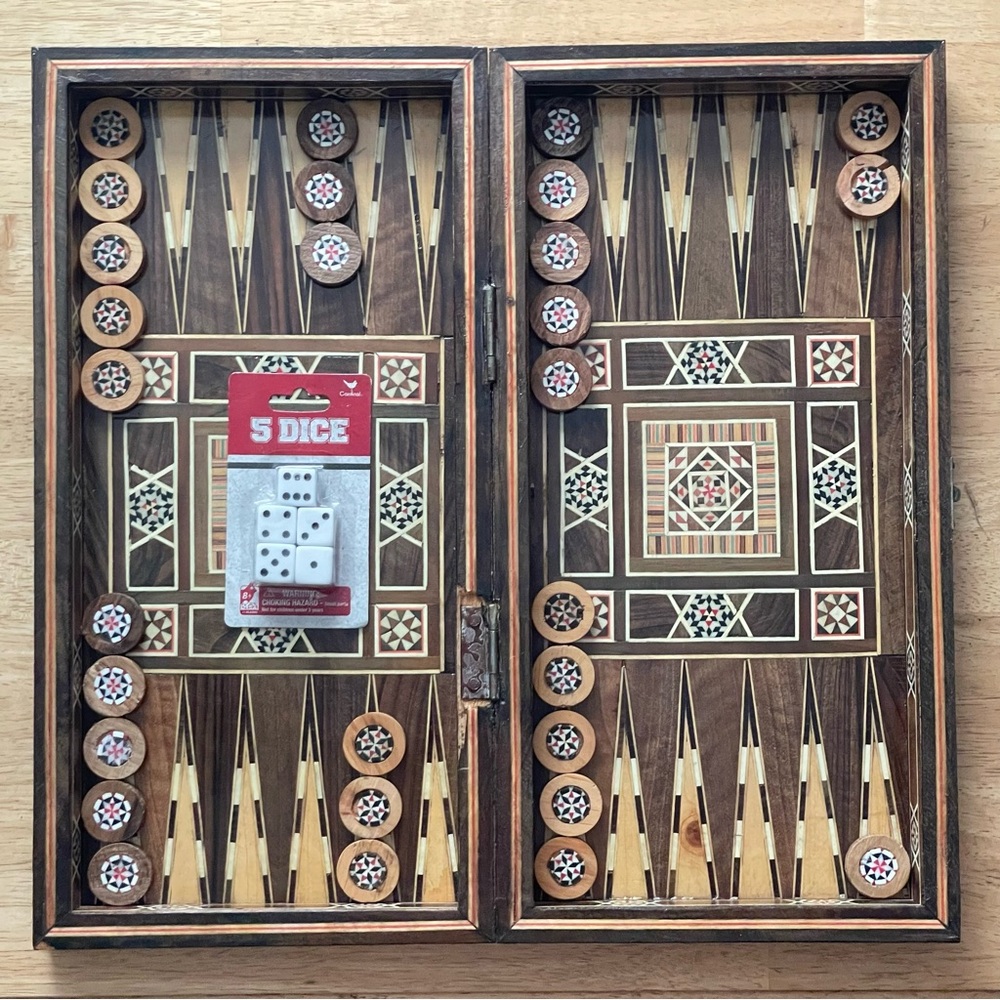 Wooden Mother of Pearl Inlaid Chess and Checkers Set.